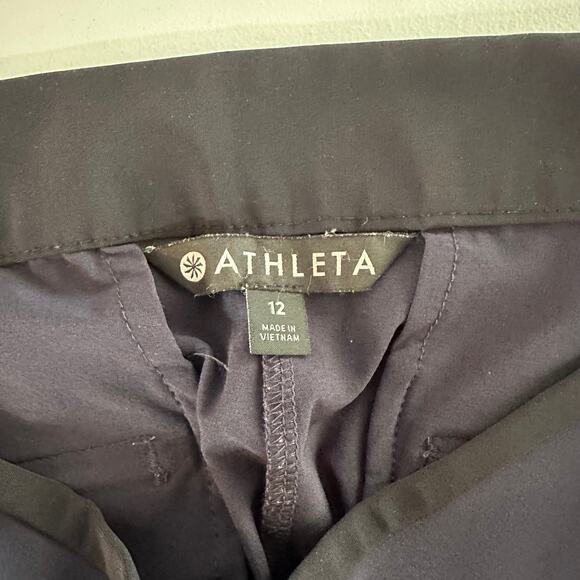 Athleta Gramercy Wide Leg Track Pants Blue Black Trim Size 12 Button Trouser - Picture 2 of 11